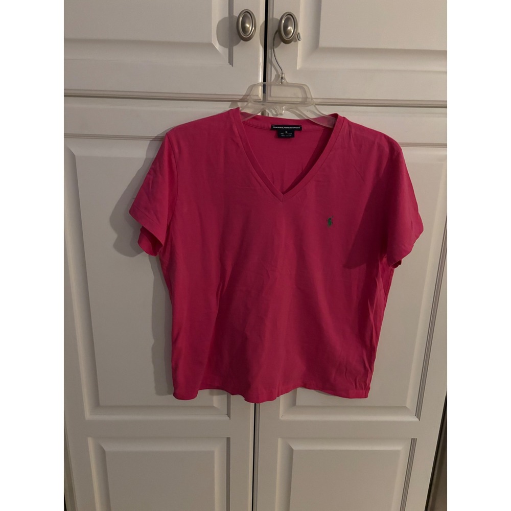 Ralph Lauren Sport Pink V-Neck Cotton T-Shirt Green Pony Logo Women XL